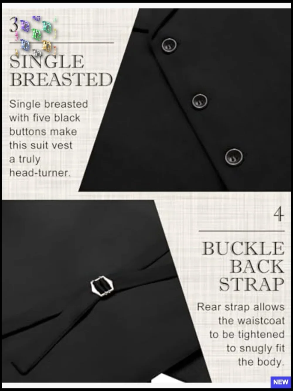 Slim Fit Notch Lapel Waistcoat Formal Casual Vest Adjustable Back Strap